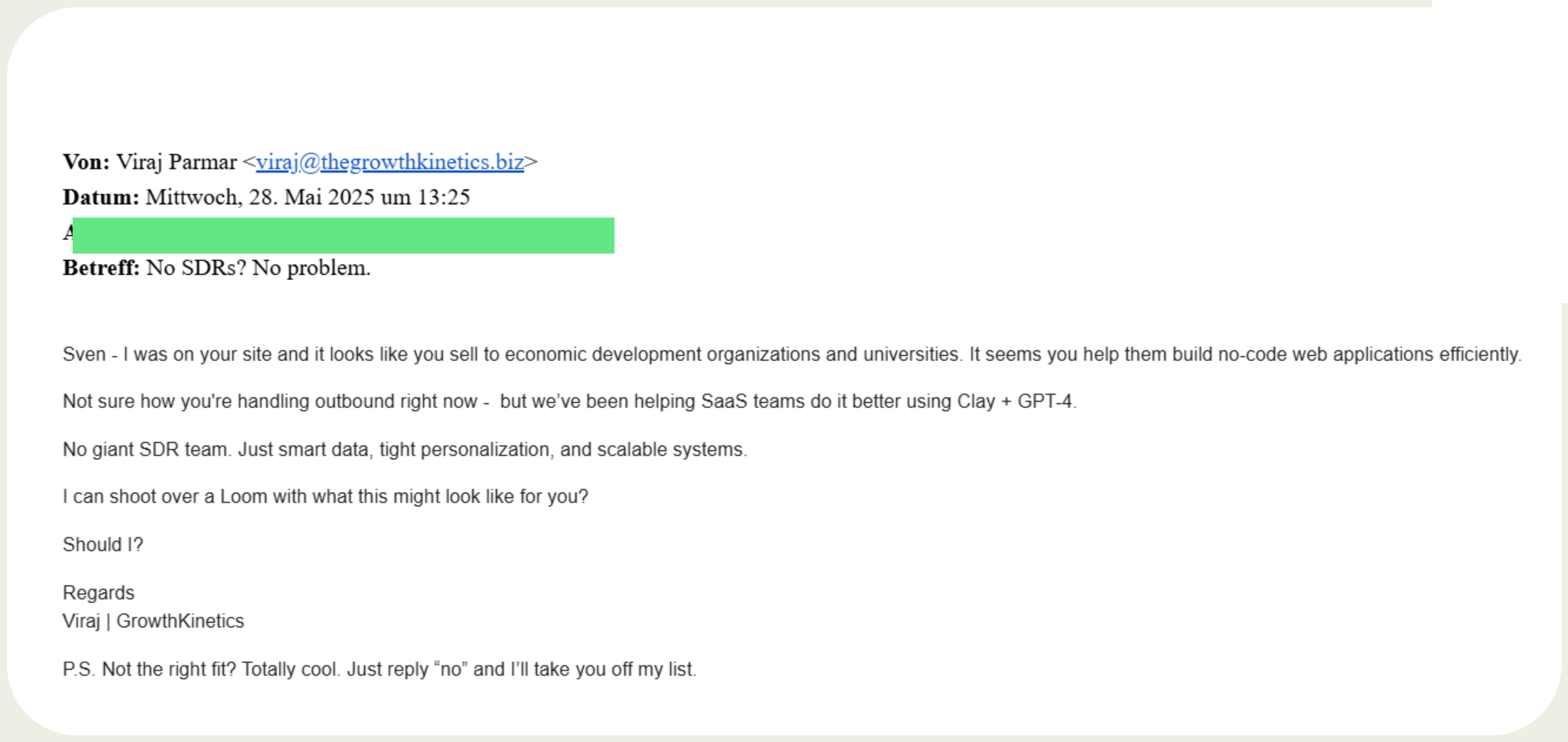 Outreach email sent to the prospect